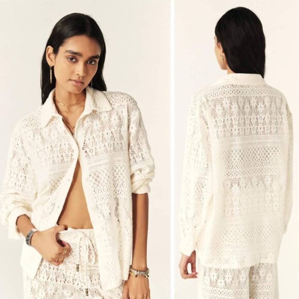 Ba&sh Barnabe Lace Look Shirt Size‎ 0 Ecru Long Sleeve Button Up Semi-sheer